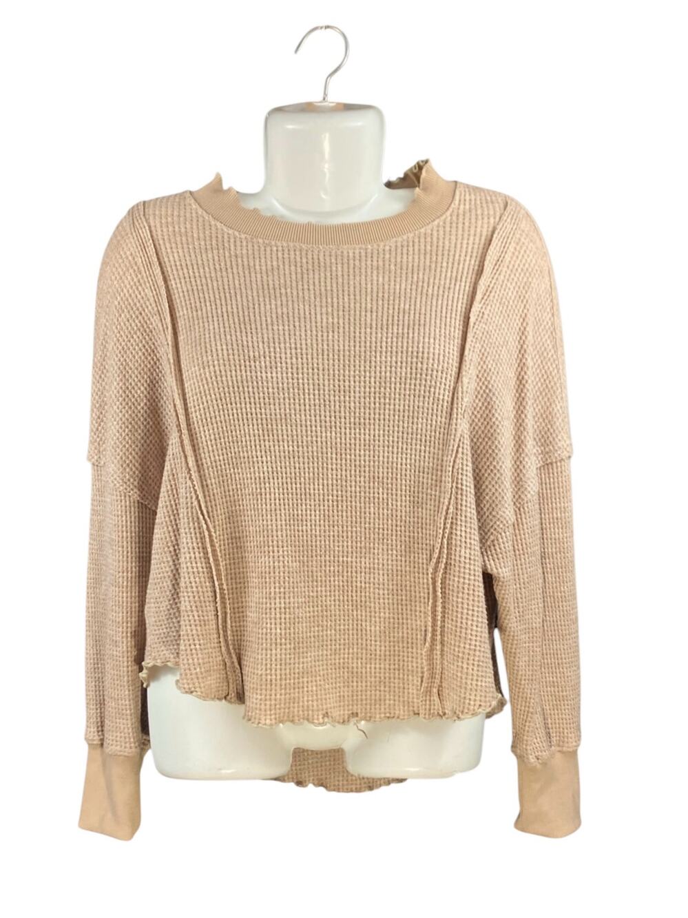 Umgee Women's Light Beige Waffle Knit Long Sleeve Ruffle Neck Pullover Sweater S